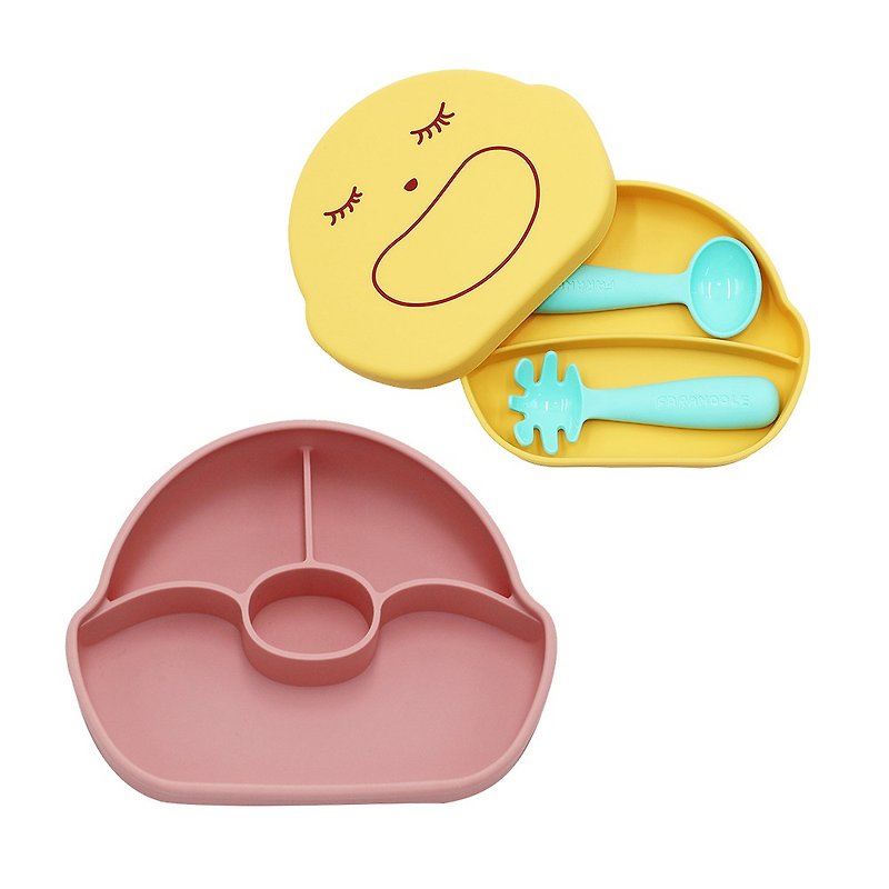 FARANDOLE分格不翻盤(粉色)+矽膠盒(黃色-笑臉)+學習餐具組(藍綠) - 兒童餐具/餐盤 - 矽膠 多色