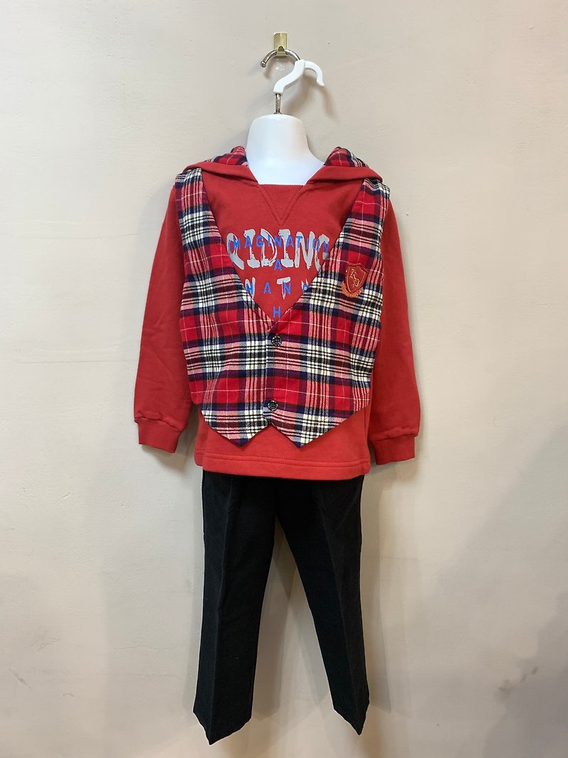 【Kids Gifts】KP Boys Faux Two Piece Hooded Top Suit Brush Hair - Tops & T-Shirts - Cotton & Hemp Red