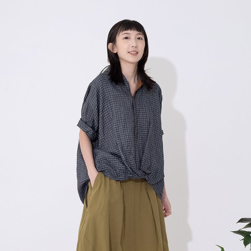 Casual smocked hooded plaid top - Women's Tops - Linen Gray