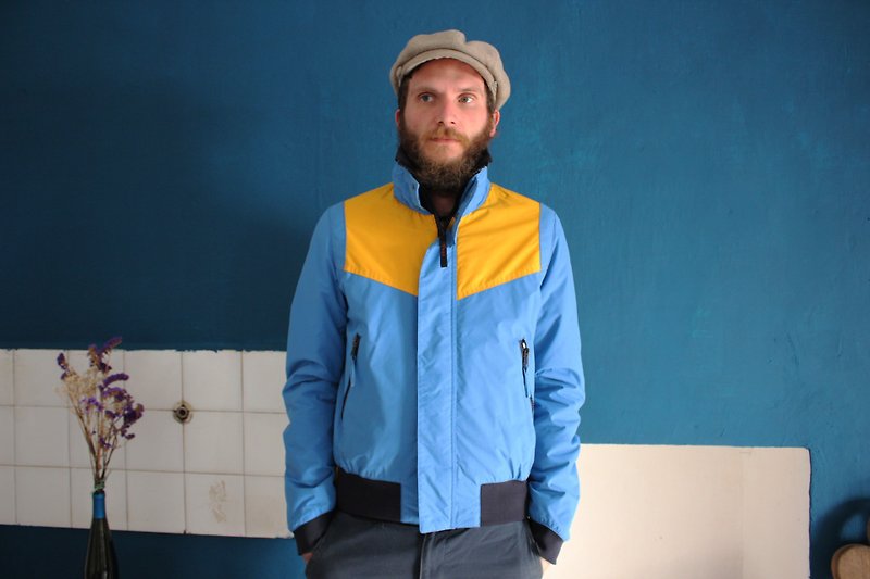 [Vintage外套](義大利製裏標)藍色黃色拼接雙口袋外套(Made in Italy)F3168(聖誕禮物聖誕節交換禮物) - 外套/大衣 - 聚酯纖維 藍色