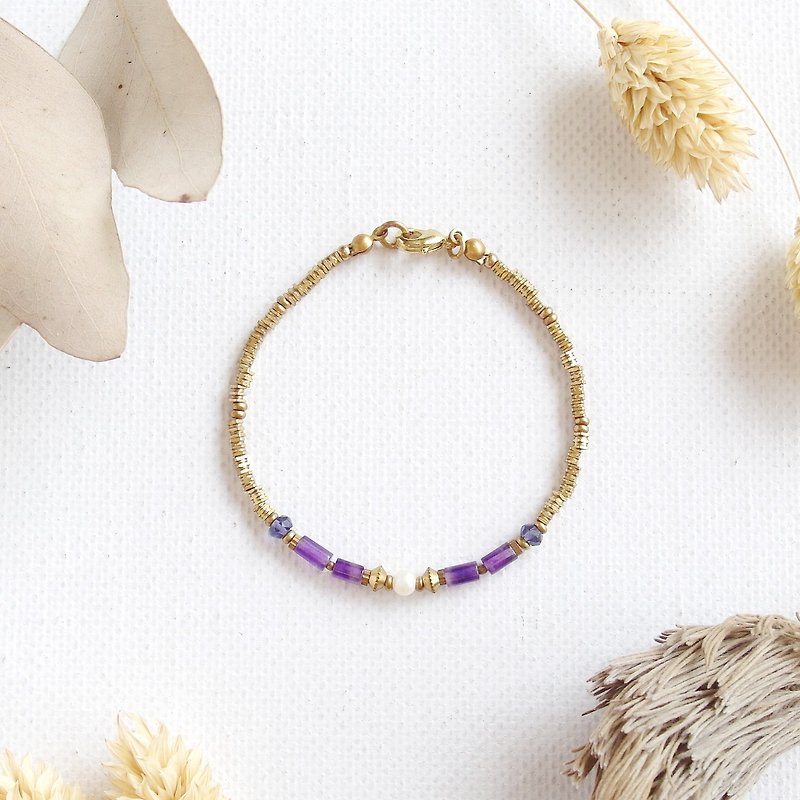 Small brass tube natural stone Bracelet - Amethyst - Bracelets - Gemstone Purple