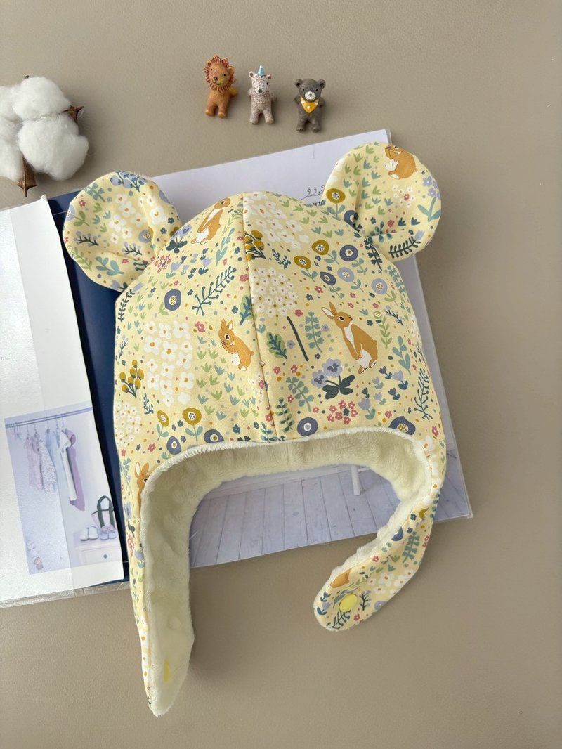 寶寶保暖遮耳帽 兔兔花園奶油黃  彌月禮 兒童保暖帽 熊耳帽 - 嬰兒帽子/髮帶 - 棉．麻 黃色