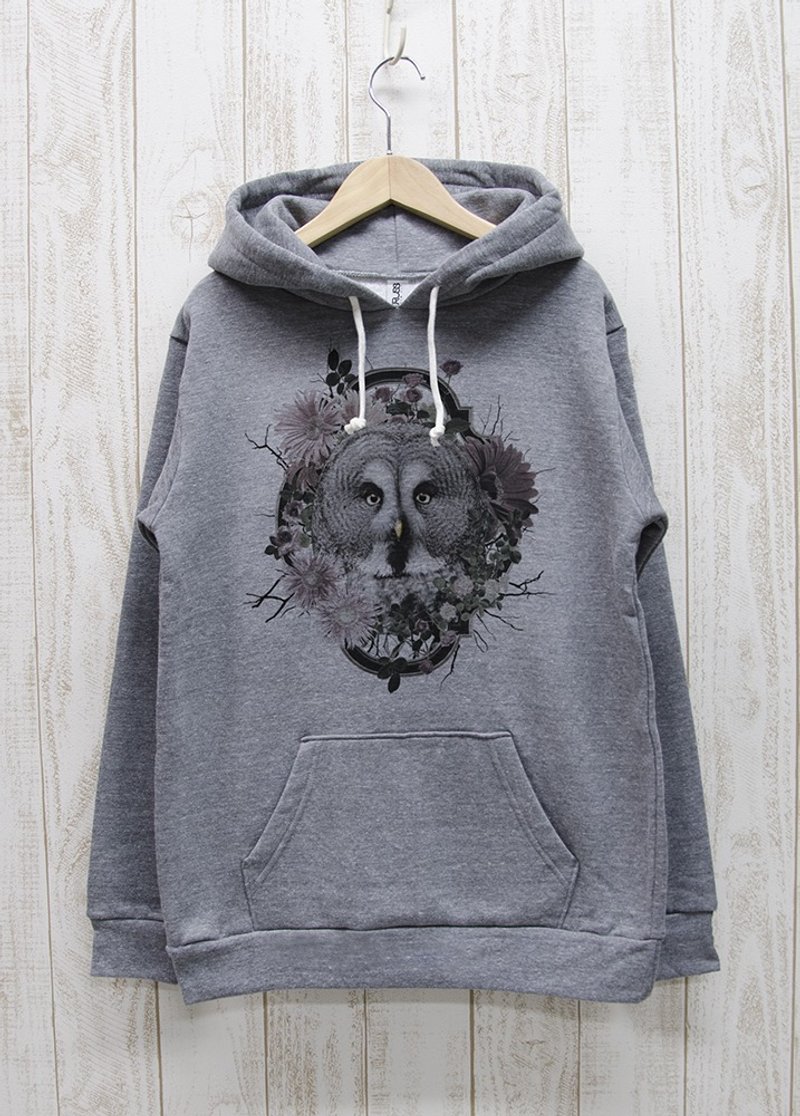 ronronGreatGrayOwl Hoodie Flower Frame Heather Gray / R037-P-GR - เสื้อฮู้ด - ผ้าฝ้าย/ผ้าลินิน สีเทา