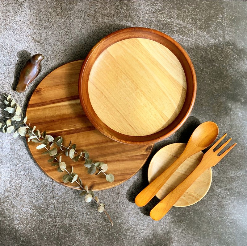 【LUCKY WOOD】Japanese tableware four-piece set (food plate+10 inches+soup fork+small plate) - Bowls - Wood 