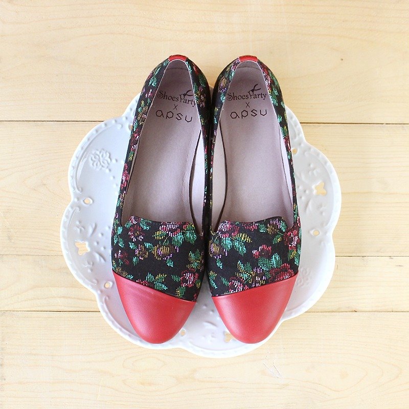 Shoes Party Black lacquered back garden oblique splicing Obella / handmade custom / Japanese fabric / M2-16015F - รองเท้าบัลเลต์ - ผ้าฝ้าย/ผ้าลินิน 