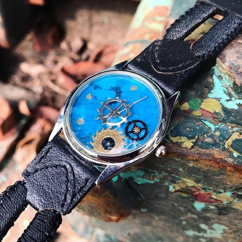 [Lost and find] Unisex American Turquoise Gear Pointer Watch - นาฬิกาผู้ชาย - เครื่องเพชรพลอย สีน้ำเงิน