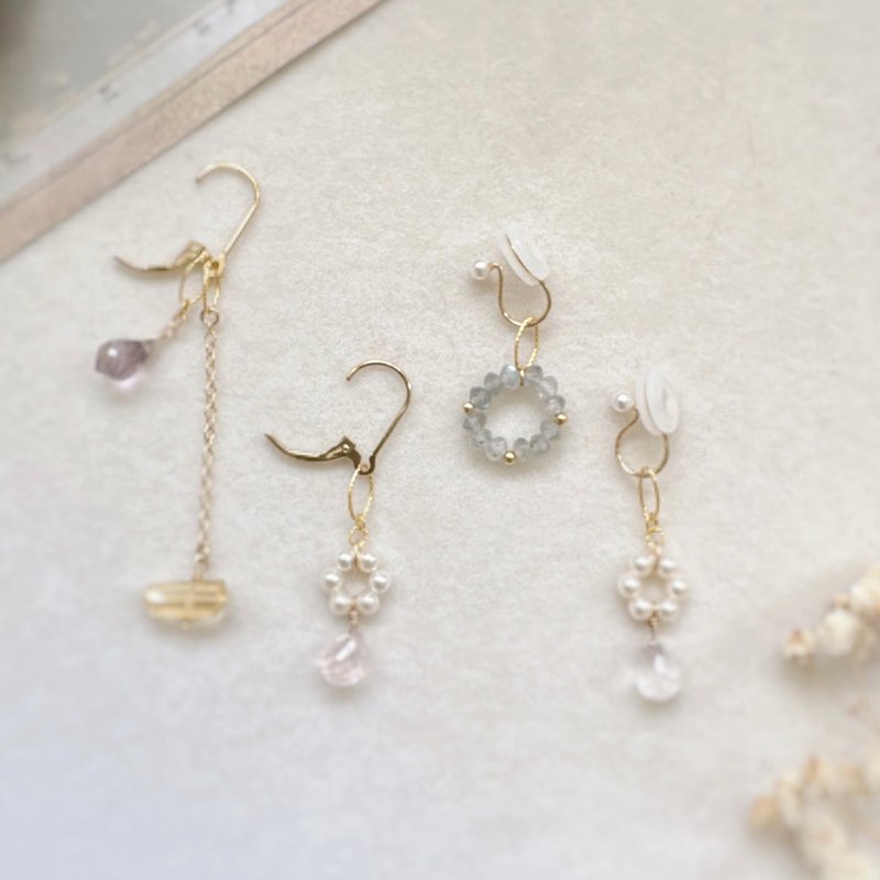 14KGF 天然水晶耳墜集合 可組合疊帶 紫水晶 粉晶 黃水晶 拉長 - 耳環/耳夾/耳骨夾 - 寶石 金色