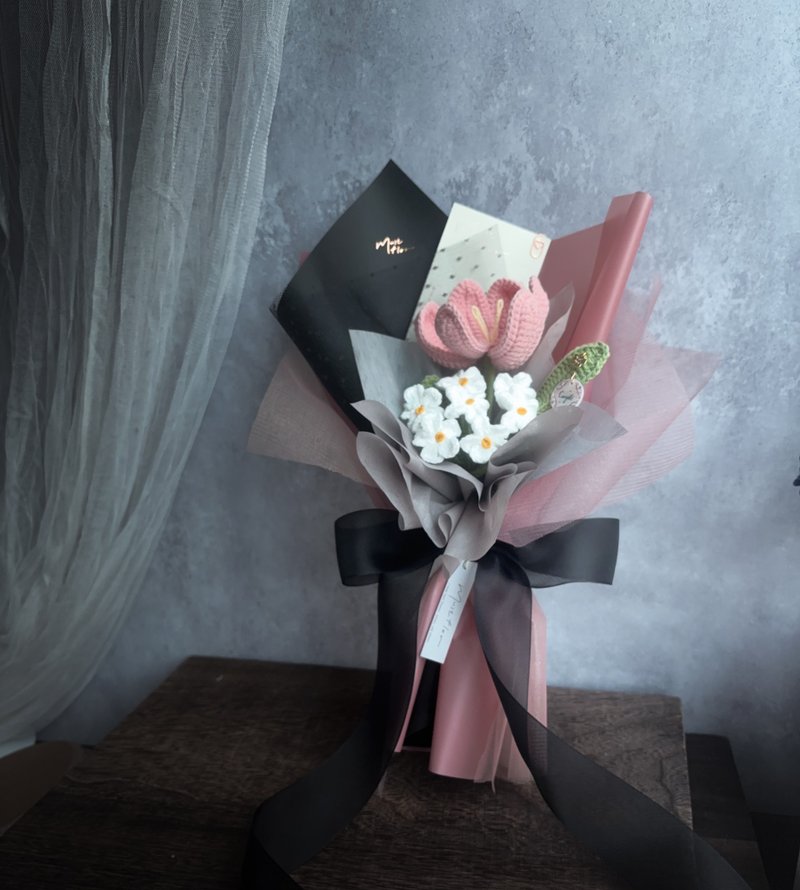鬱金香與勿忘我花束- 黑與粉 Black & Pink - 乾燥花/永生花 - 棉．麻 粉紅色