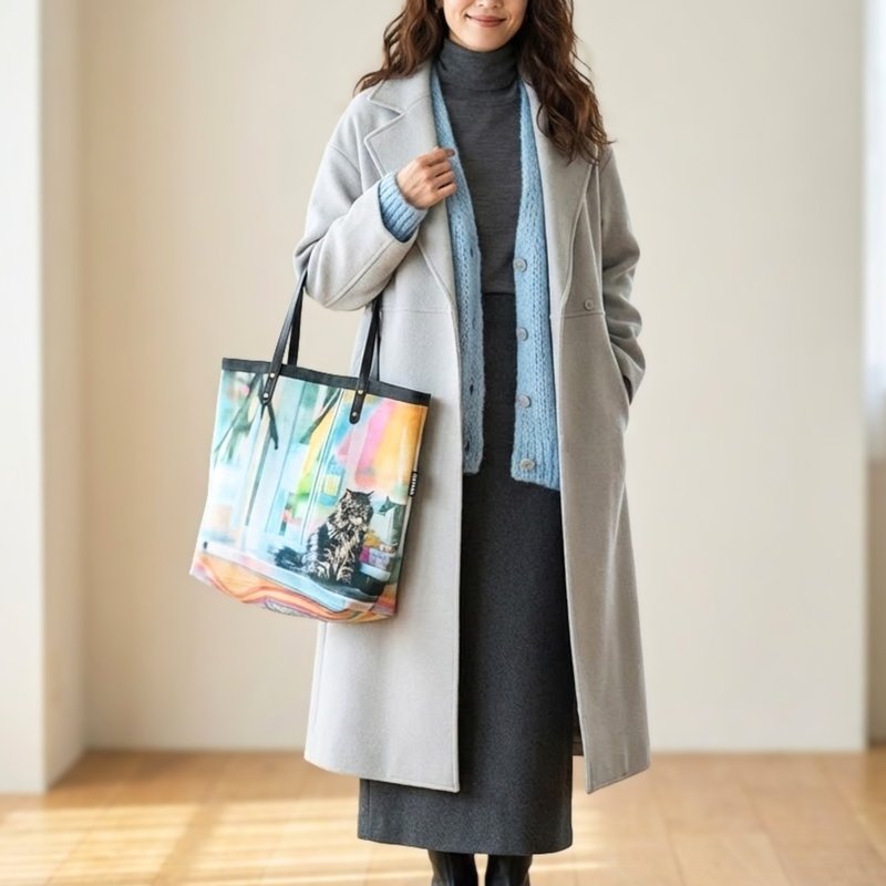 กระเป๋าโท้ตลายภาพถ่ายแมว แบบชิ้นเดียว - กระเป๋าถือ - ผ้าฝ้าย/ผ้าลินิน หลากหลายสี