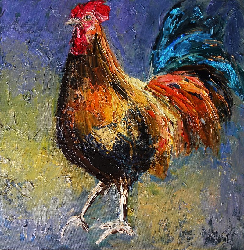 Rooster Painting Oil Chicken Original Art Animal Artwork Canvas Art Impasto - Posters - Pigment Multicolor