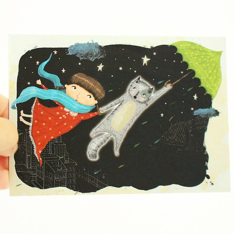 Lena is flying with cat postcard - Story postcard - การ์ด/โปสการ์ด - กระดาษ 