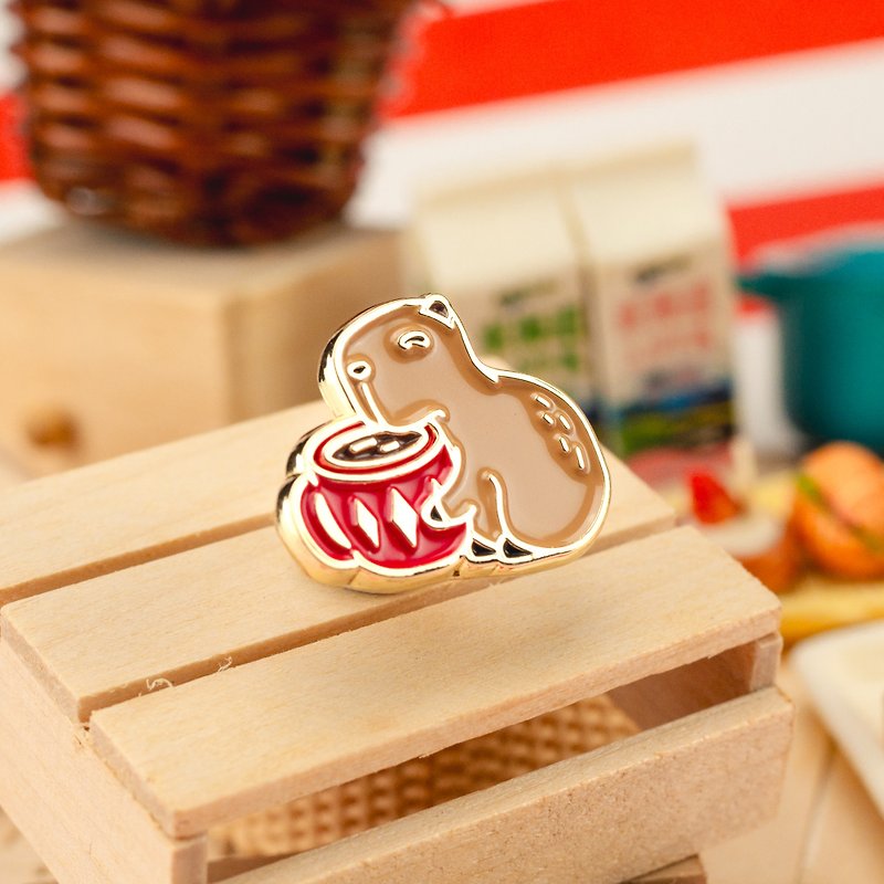 Capy-Cino Capybara Enamel Pin | 咖啡水豚徽章 | カピバラ - Brooches - Other Metals 