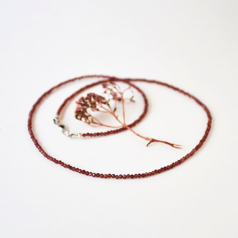 Handmade Sterling Silver with Tiny Garnet Beads Necklace, Jan Birth stone - Necklaces - Gemstone Red