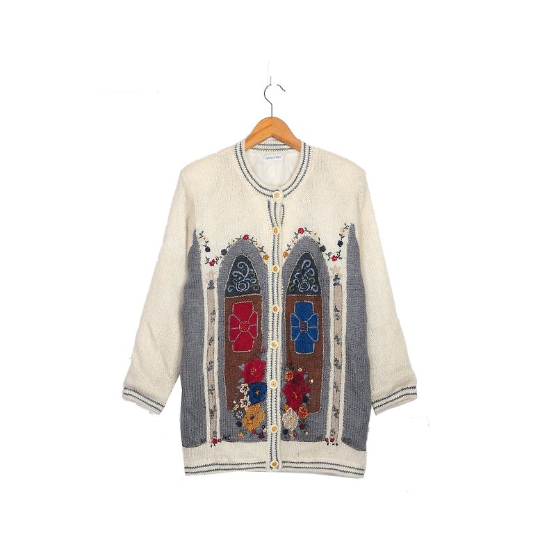 [Vintage] egg plant florid arches embroidered vintage cardigan sweater - Women's Sweaters - Wool White