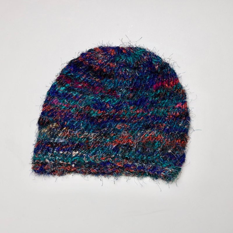 Artistic knitted melon skin hat Indian silk miscellaneous thread colorful gradient hand knitted hat - blue impression - Hats & Caps - Other Man-Made Fibers Blue