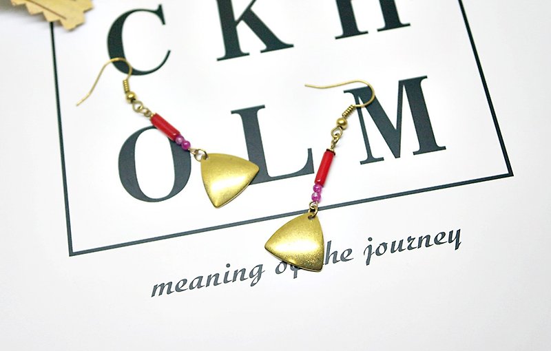 Natural stone Bronze X <Red Triangle> - # hook earrings fashion sense - ต่างหู - เครื่องเพชรพลอย สีแดง