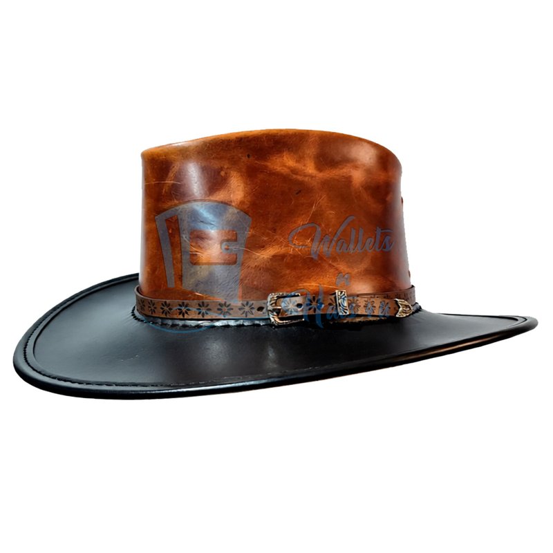 Western Outback Handmade Distressed Leather Fedora Cowboy Hat - Hats & Caps - Genuine Leather Brown