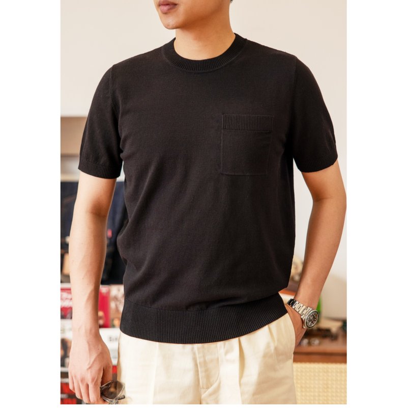 短袖圓領針織衫 加厚螺紋 無縫鎖編 涼爽舒適 春夏 四色 T-shirt - 男 T 恤 - 棉．麻 黑色