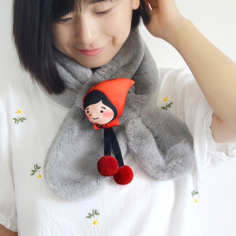 Little Red Riding Hood fairy tale cute plush bib hand-made warm scarf gift - ผ้าพันคอ - เส้นใยสังเคราะห์ สีเทา