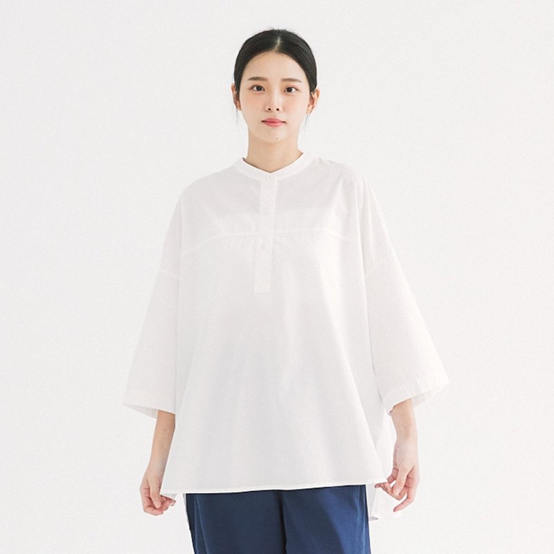 【Simply Yours】Loose Tencel Cotton Shirt White F - Women's Tops - Cotton & Hemp White