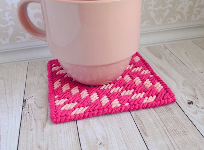 Embroidered coaster, Cotton pink mug rug, Kitchen home decor - ที่รองแก้ว - งานปัก สึชมพู