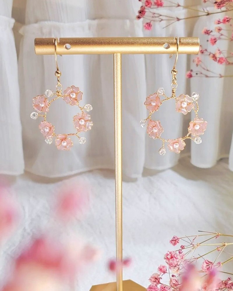 Sakura Wreath. Crystal Flower Drop Earrings - Earrings & Clip-ons - Resin Pink