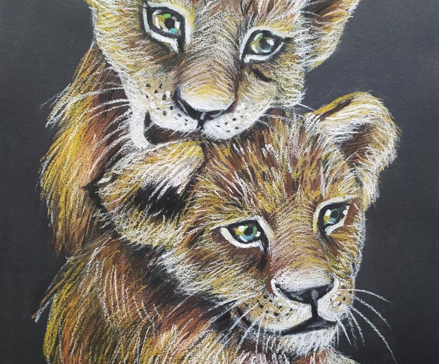 ライオン　動物ペン画No.14 遊ぶライオンの子 絵画 動物アート オイルパステル 似顔絵 アート