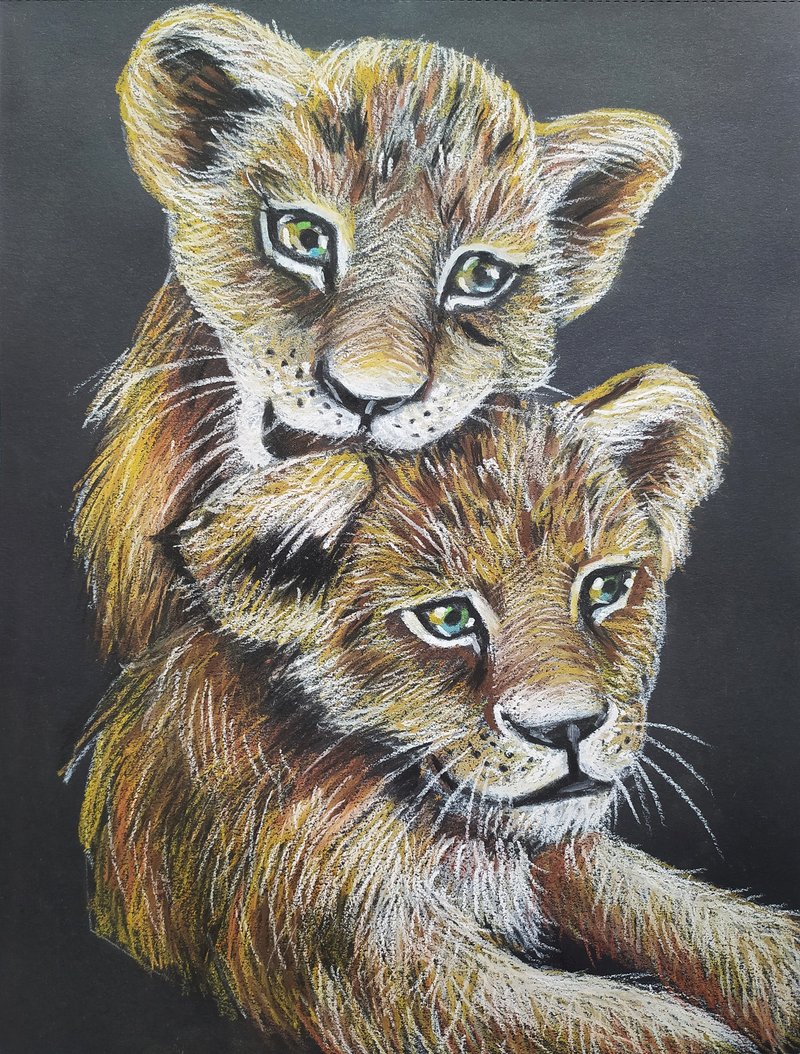 Playing lion cubs painting animal art oil pastel portrait art Original pastel - 壁貼/牆壁裝飾 - 紙 咖啡色