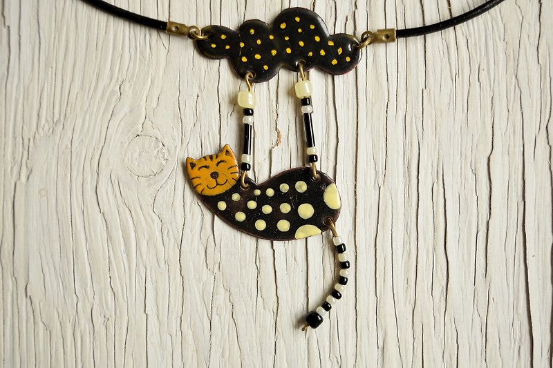 Spotty Cat, Enamel Necklace, Spotted Cat, Bengal Cat, Star, Night Sky, Black Cat - Necklaces - Enamel Black