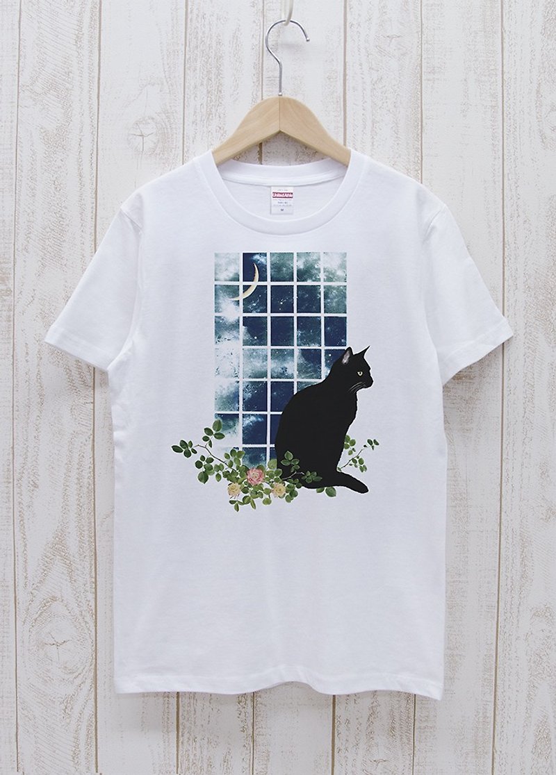 Standing Black Cat Window MOON White / R031-T-WH - เสื้อฮู้ด - ผ้าฝ้าย/ผ้าลินิน ขาว