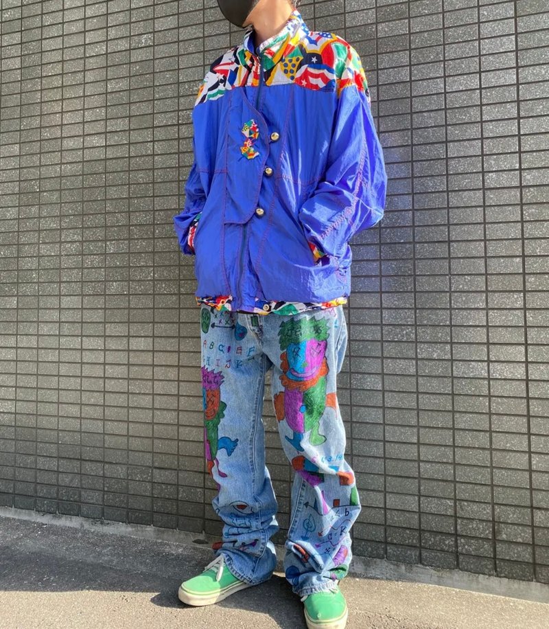 落書きデニムパンツ - パンツ メンズ - コットン・麻 