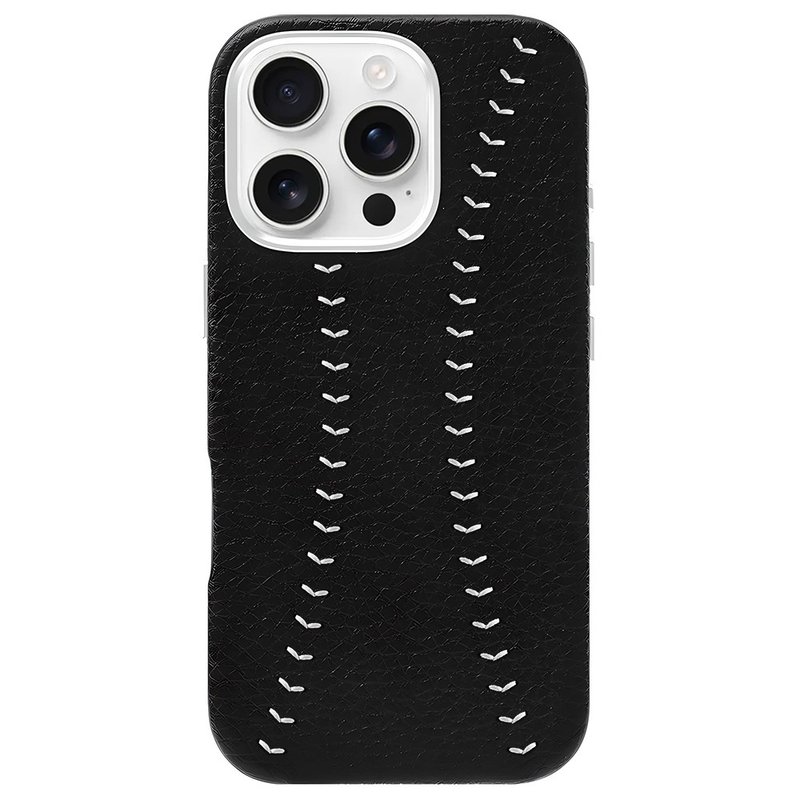 Baseball series graphite black leather iPhone 16 15 14 13 Pro Max anti-fall mobile phone case - Phone Cases - Genuine Leather Black