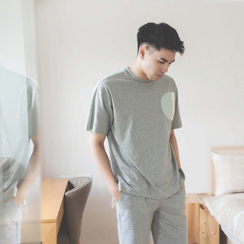 有機棉拼接拉鍊口袋短袖男家居服/睡衣/居家服-麻花灰 - 睡衣/居家服 - 棉．麻 灰色