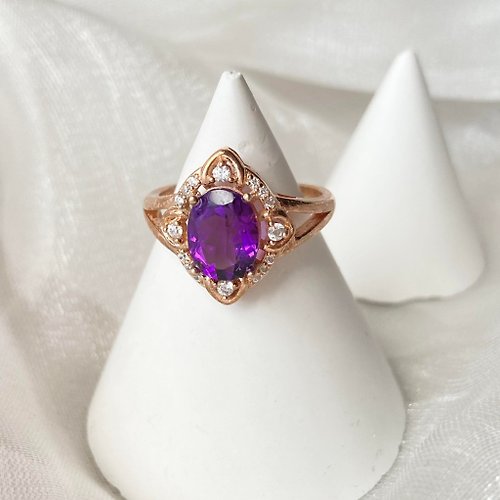 Freedom&Seed 天然紫水晶玫瑰金925純銀戒指裸石寶石輕珠寶半寶石