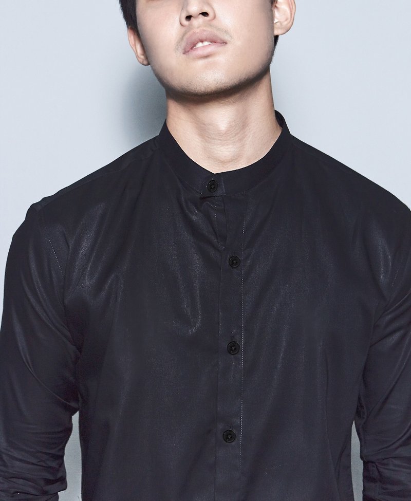 Black mao collar shirt - 男襯衫/休閒襯衫 - 棉．麻 黑色