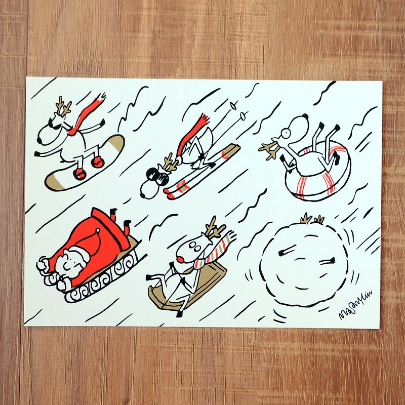 Christmas Card-New 2018 Santa's Elk Daily Postcard No. 7: Snow Sledding - การ์ด/โปสการ์ด - กระดาษ สีทอง