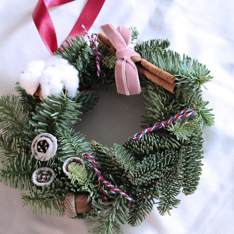 諾貝松聖誕花圈-粉色質感絨布緞帶(15-20cm)聖誕禮物 季節限定 - 乾燥花/永生花 - 植物．花 綠色