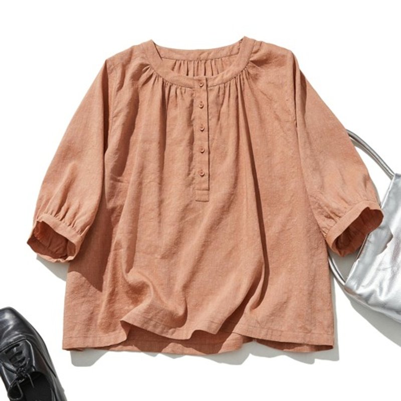 日系質感 棉麻七分袖氣質襯衫 慵懶優雅 寬鬆廓形 櫨色 240703-2 - 女裝上衣 - 棉．麻 