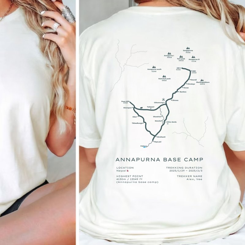 路線系列Annapurna base camp中性短袖上衣 - 女 T 恤 - 棉．麻 白色