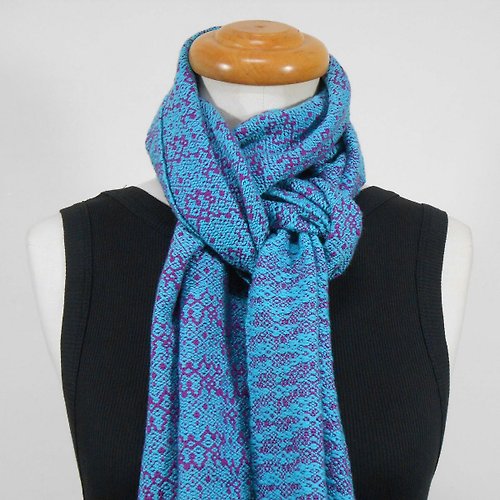 慢手做 梭織 手工圍巾-100%美麗諾羊毛圍巾03紫紅x水藍