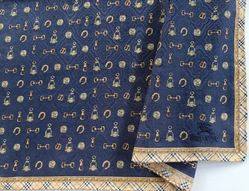 Burberry Vintage Handkerchief – Equestrian Motif - Check Border 21 x 21 inches - 手帕 - 棉．麻 藍色