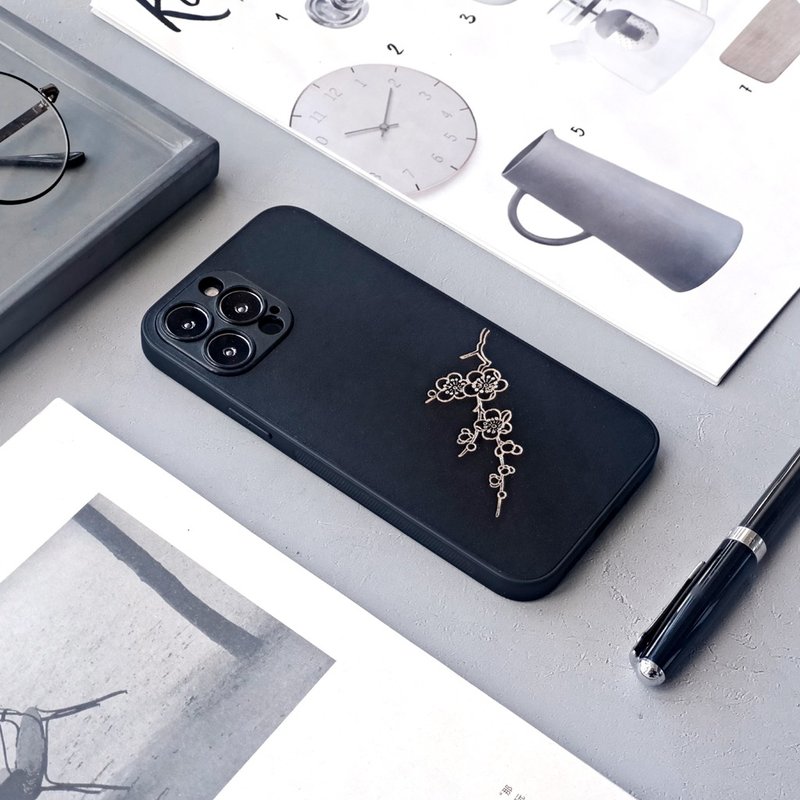 墨梅|玄黑蘋果15promaxi真皮手機殼iPhone14plus保護套13mini殼 - 手機殼/手機套 - 真皮 黑色