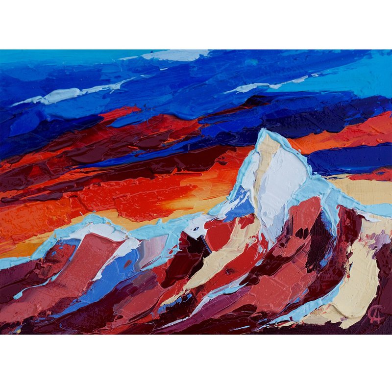 Mountains Sunset Painting Nepal Original Art Himalayas Artwork Impasto Oil Panel - Posters - Other Materials Red