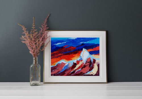 ヒマラヤ　絵 山日没絵画ネパールオリジナルアートヒマラヤアートワーク厚塗り