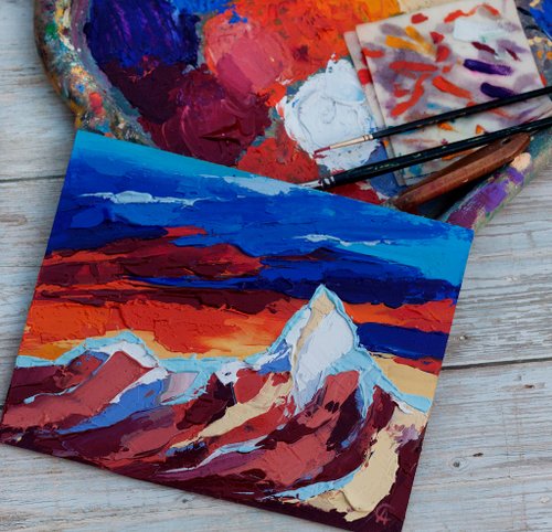 ヒマラヤ　絵 山日没絵画ネパールオリジナルアートヒマラヤアートワーク厚塗り