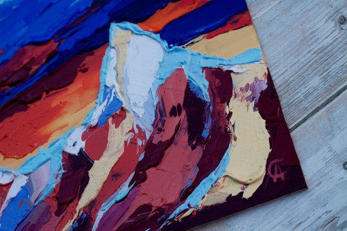 山日没絵画ネパールオリジナルアートヒマラヤアートワーク厚塗り