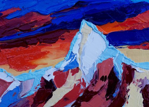 ヒマラヤ　絵 山日没絵画ネパールオリジナルアートヒマラヤアートワーク厚塗り