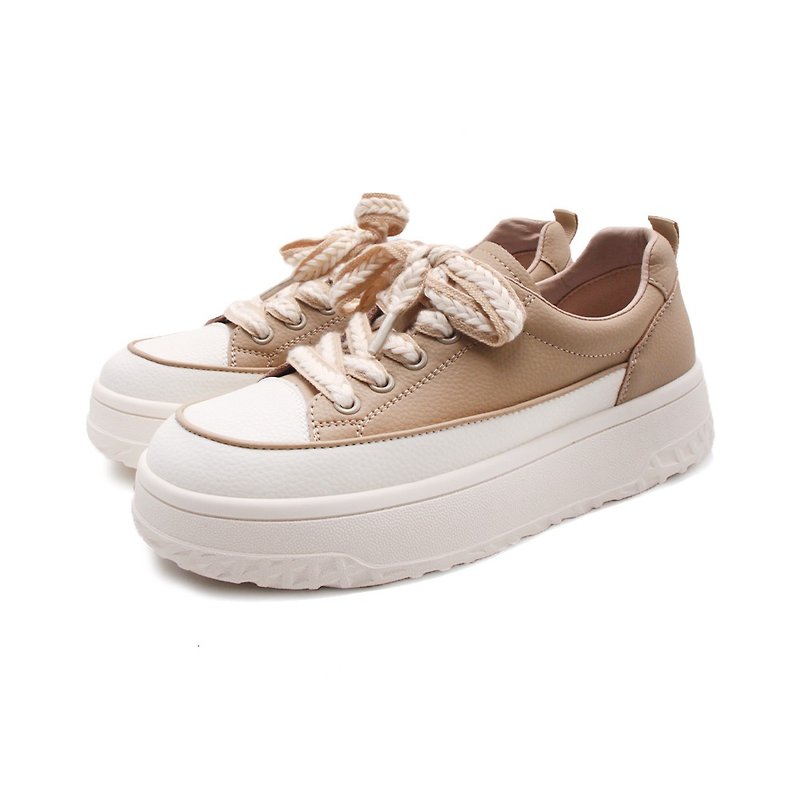 WALKING ZONE (female) cute thick rope thick-soled casual shoes for women - milk tea color - รองเท้าลำลองผู้หญิง - หนังแท้ 