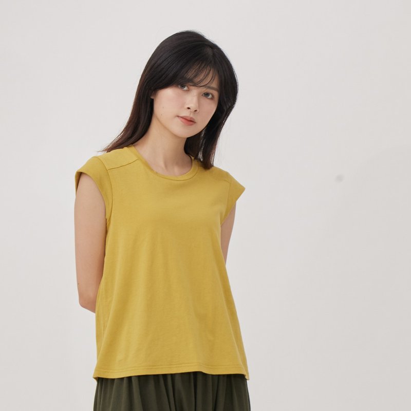 High Twist Cotton Mini sleeves Yoke Top / Mustard - เสื้อผู้หญิง - ผ้าฝ้าย/ผ้าลินิน สีเหลือง