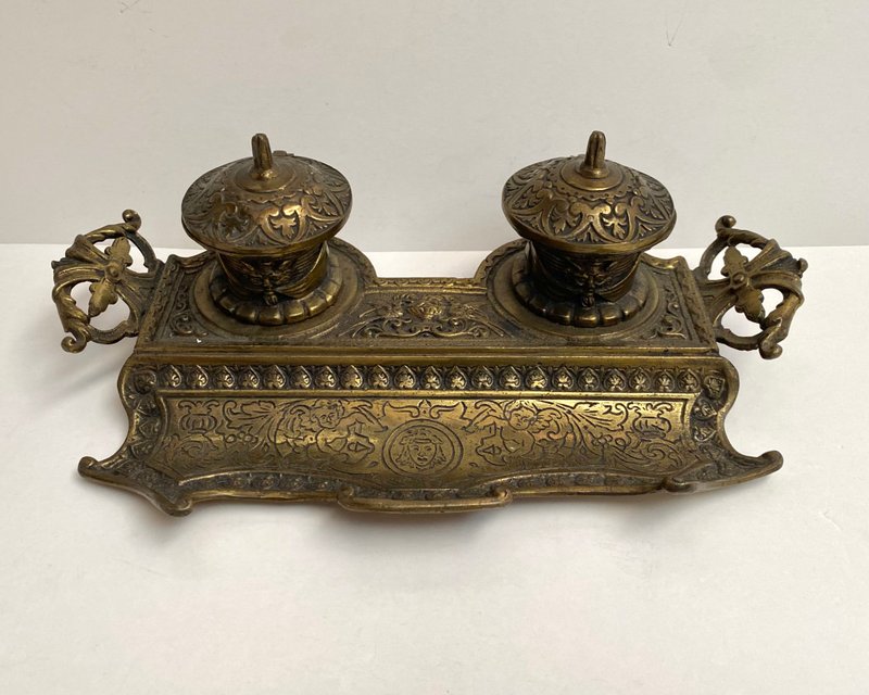 1900 年代早期法國獨特古董鑄銅雙墨水瓶 - 其他 - 其他金屬 金色
